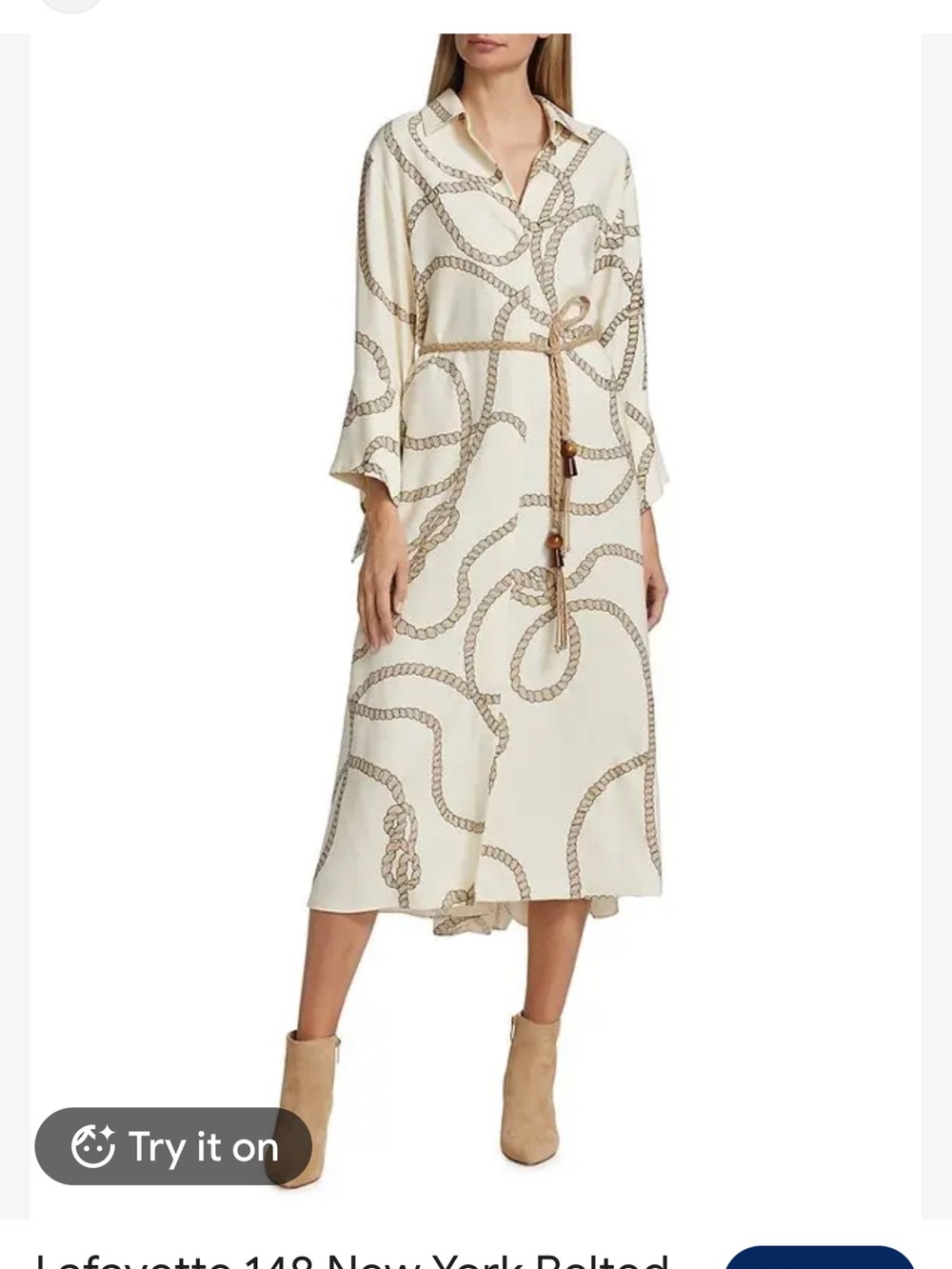 Lafayette 148 New York Cream Rope-Print Belted Midi Shirt Dress - Medium